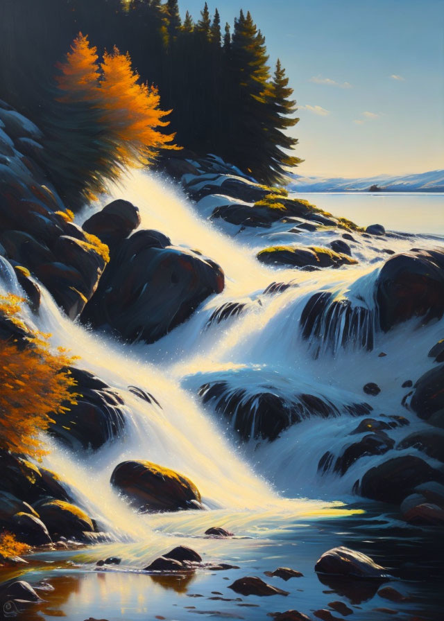 Scenic painting of waterfall, rocks, trees, and lake