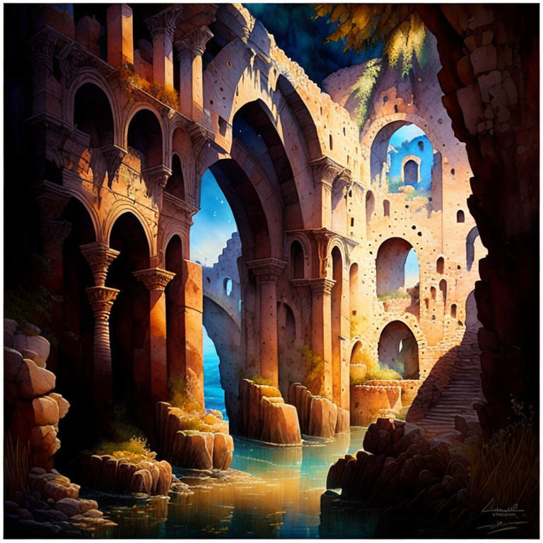 Ancient ruins painting with arched structures and warm light