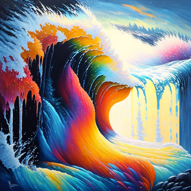 Colorful Abstract Painting: Vibrant Wave in Blue, Orange, and Pink