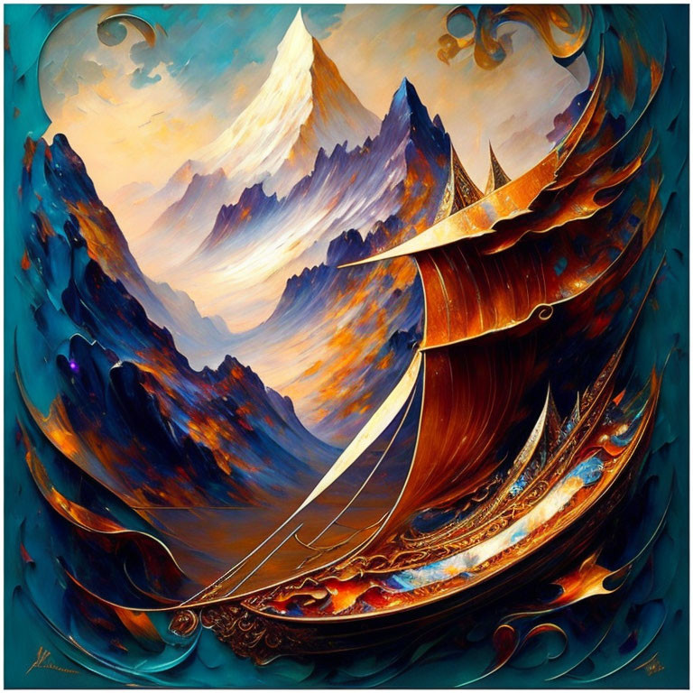 Colorful artwork: Golden ship sails on sea towards mystical mountains