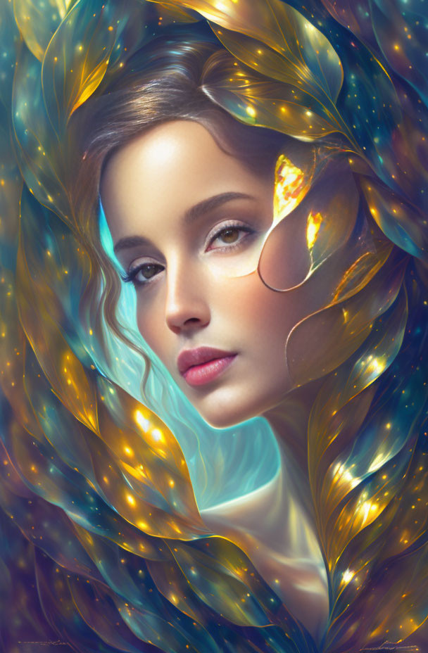 Digital portrait of woman with glowing leaves in serene lighting