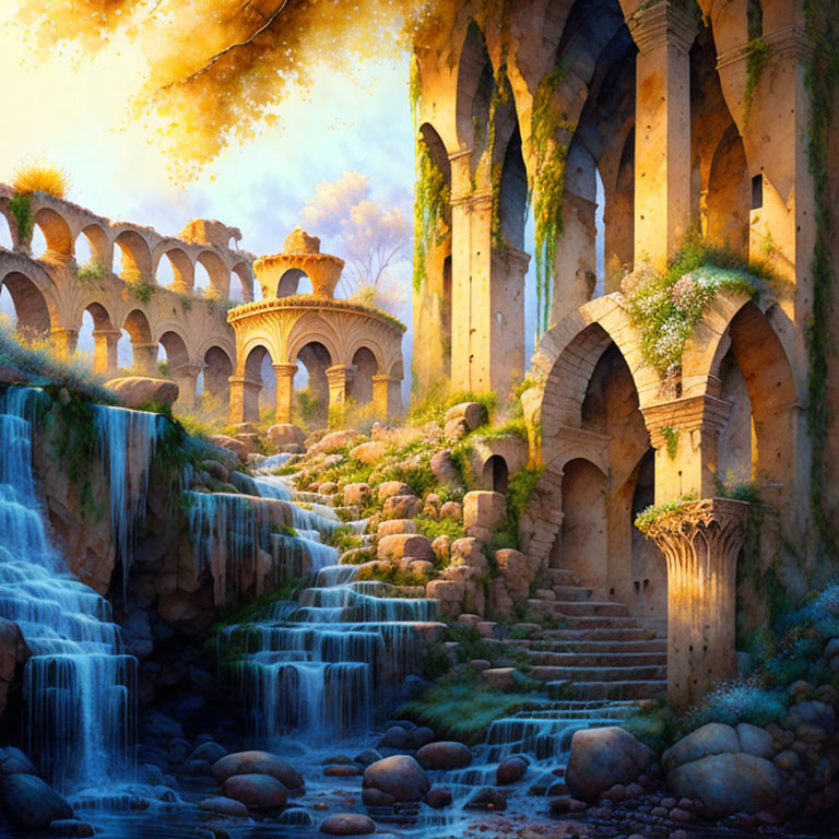 Fantastical landscape with ancient ruins, waterfalls, lush greenery, and stone arches