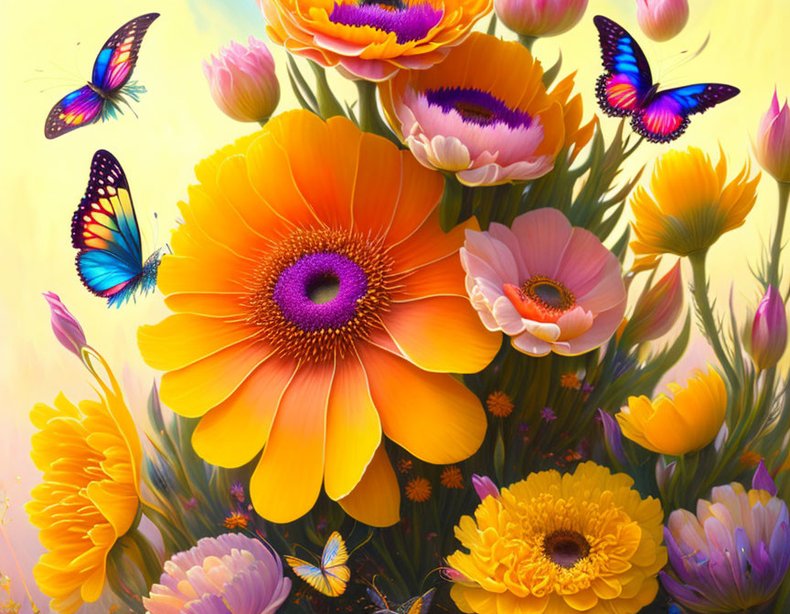 Colorful orange and pink flowers with fluttering butterflies under soft light