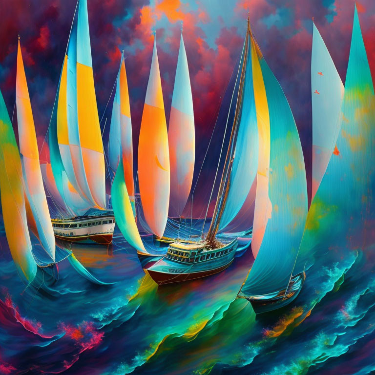 Vibrant sailboats on swirling waves under fiery sky