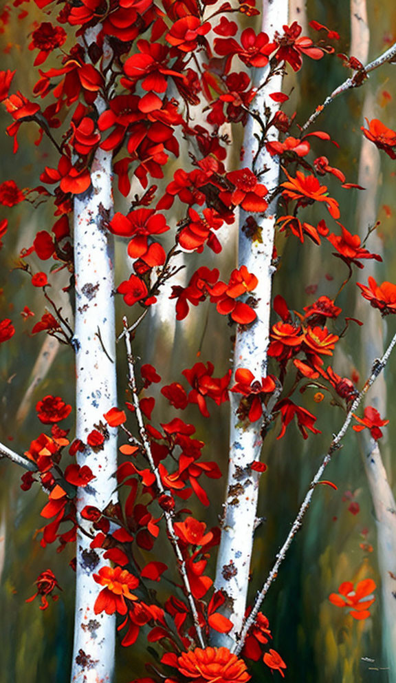 Red Leaves on White-Barked Trees Against Earth-Toned Background