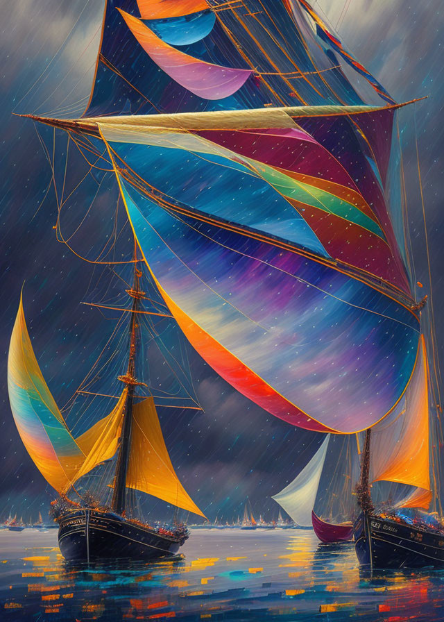 Colorful sails on boats reflecting in starlit night sea with falling snow