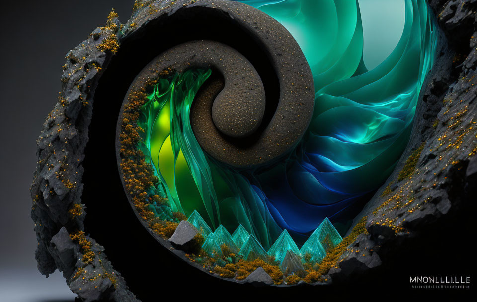 Spiral structure with green and blue layers, golden moss, crystals, and rocky border.