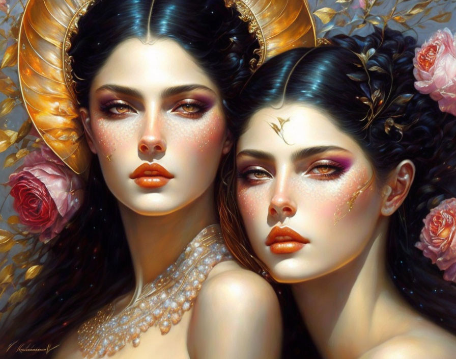 Symmetrical fantasy digital painting of twin women with elaborate makeup, adorned with flowers and jewels