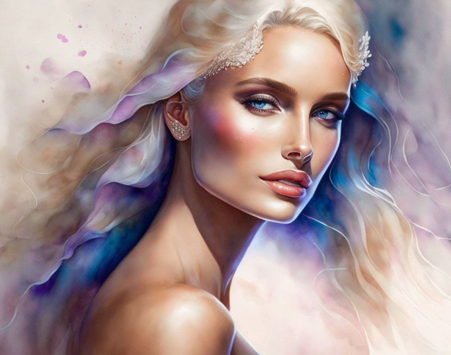 Illustrated portrait of woman with blue eyes, blond hair, headpiece, and soft background.