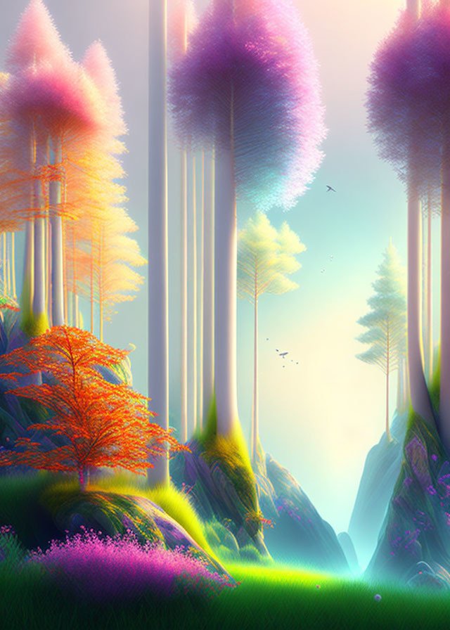 Colorful Fantasy Landscape with Towering Trees and Mystical Light