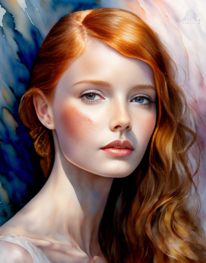 Digital art portrait: Woman with red hair, fair skin, and blue eyes on colorful abstract backdrop