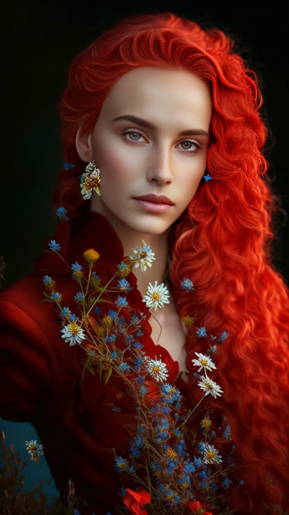 Vibrant red-haired woman with blue eyes in red outfit holding white flowers