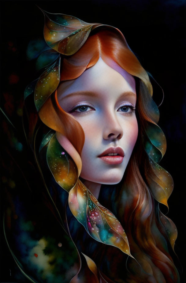 Surreal portrait of a woman with autumn-colored leaf-shaped hair and twinkling accents