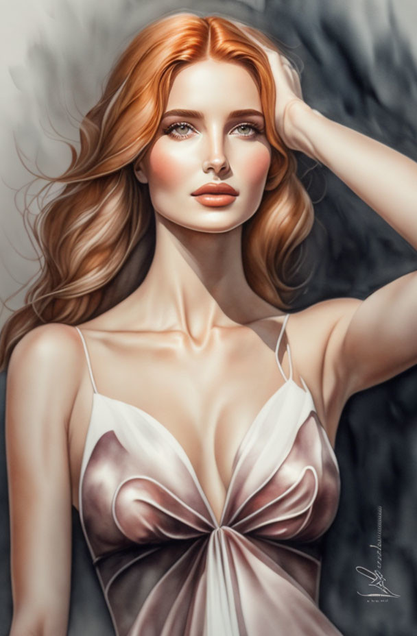 Illustration of woman with red hair, blue eyes, and white dress