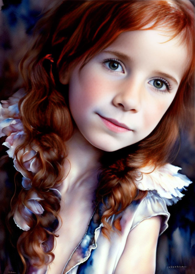 Young girl portrait with curly red hair, fair skin, and blue top.