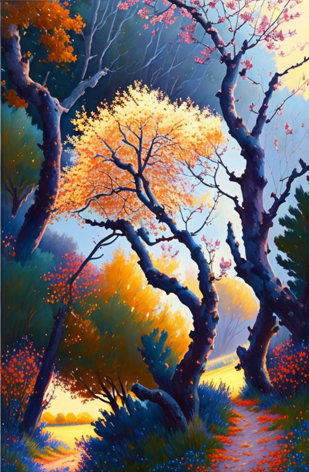 Colorful Forest Path Painting: Sunset Scene with Twisted Trees & Multicolored Leaves