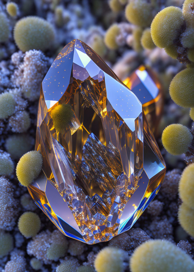 Faceted Topaz Gemstone in Mossy Field with Soft Illumination