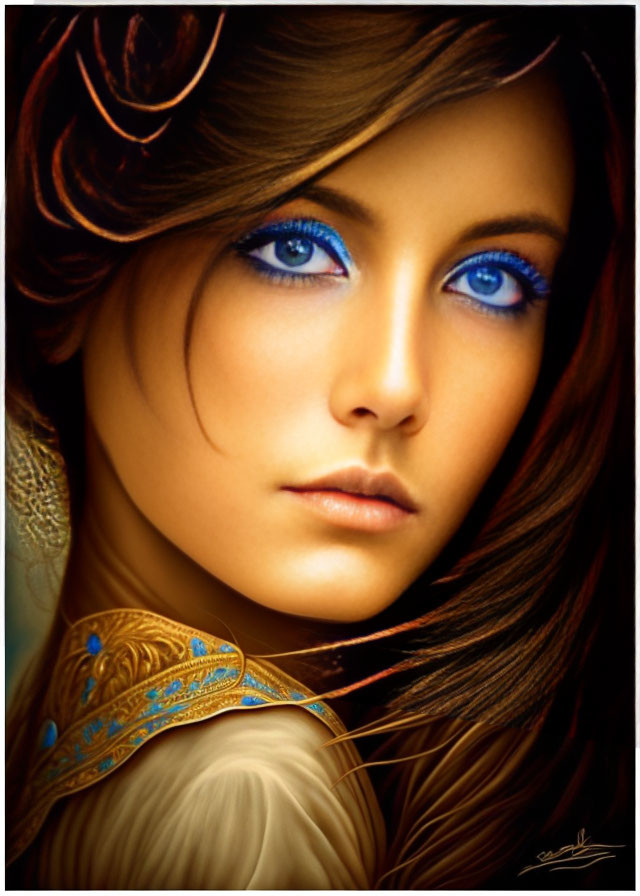 Portrait of woman with blue eyes, wavy hair & ornate golden attire