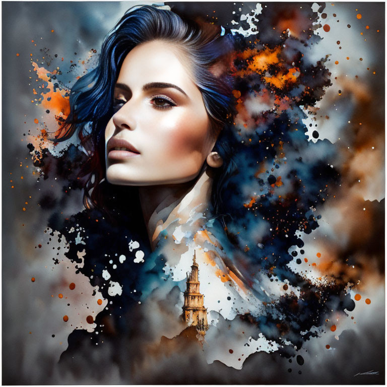 Dark-haired woman in abstract digital art with tower background.