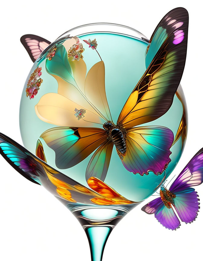 Colorful Butterfly Magnified in Glass Sphere on White Background