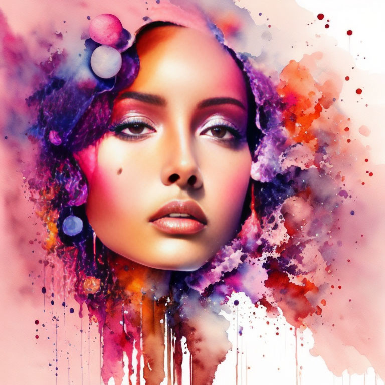 Colorful Watercolor-Inspired Digital Portrait of Serene Woman