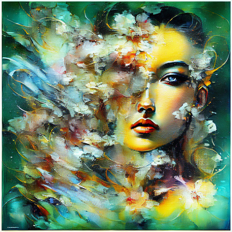 Colorful Abstract Painting: Woman's Face in Swirling Clouds