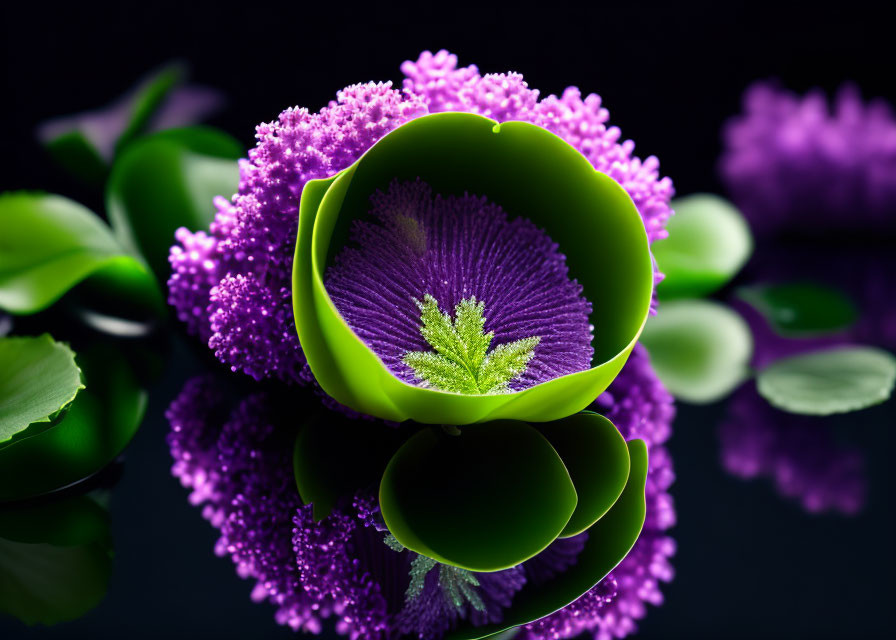 Vibrant green flower with purple pollen on reflective surface surrounded by purple blooms and green leaves.