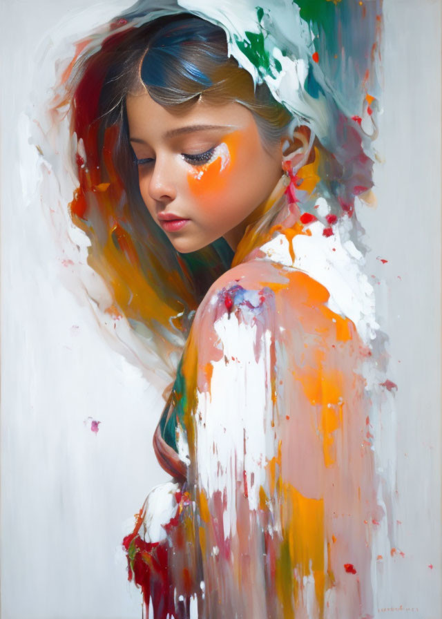 Colorful Paint Strokes Merge with Young Girl in Portrait