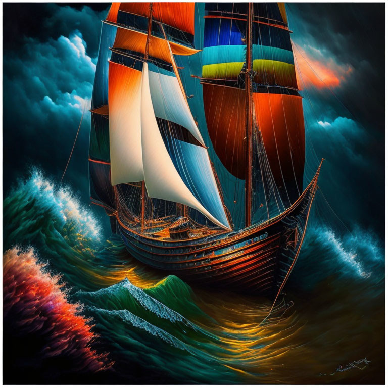 Colorful sails on tall ship navigating turbulent seas under dramatic sky