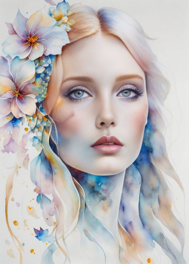 Surreal portrait of a woman with flowers in watercolor background