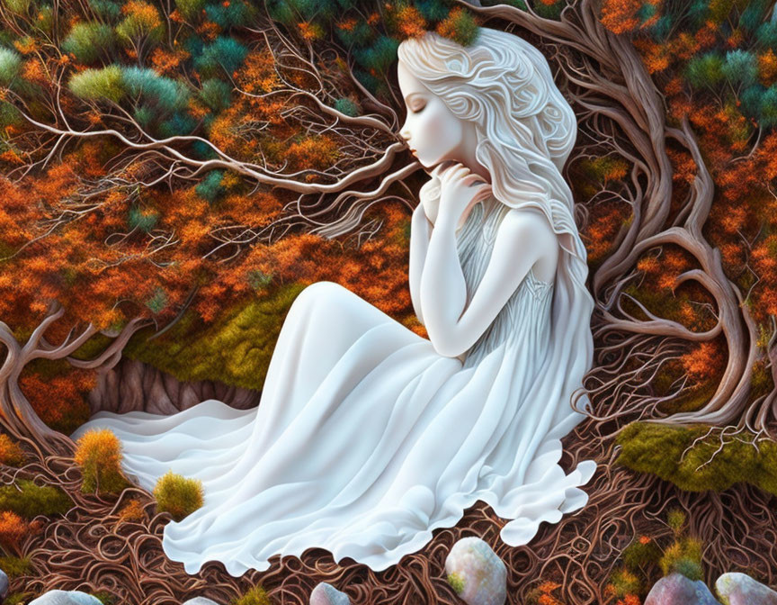 Illustration of woman in white dress amidst autumnal forest scenery