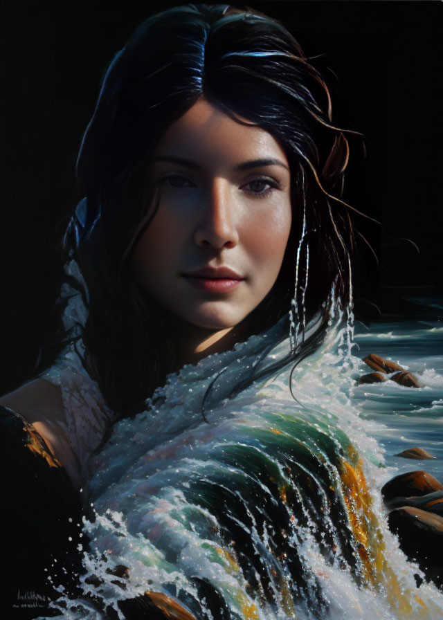 Dark-haired woman emerges from water with vivid splashes, creating an ethereal effect