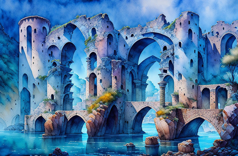 Fantastical ancient castle watercolor painting with arches and towers