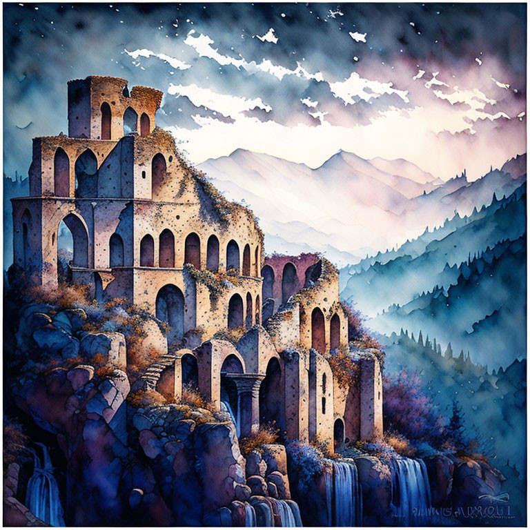 Serene watercolor painting of ancient hillside ruin with waterfalls, forest, mountains, and dusk