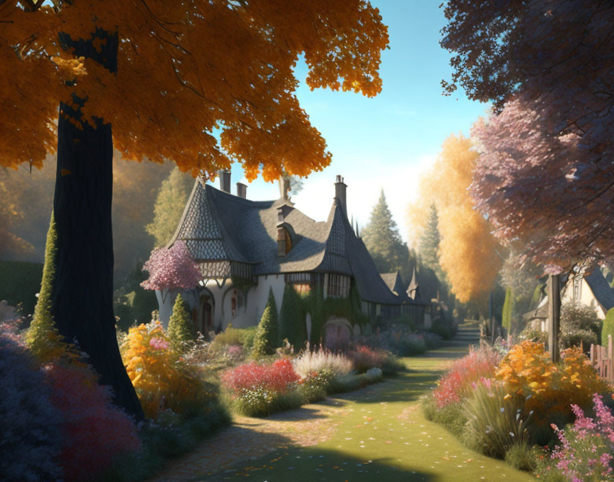 Tranquil autumn cottage surrounded by colorful trees and garden path.