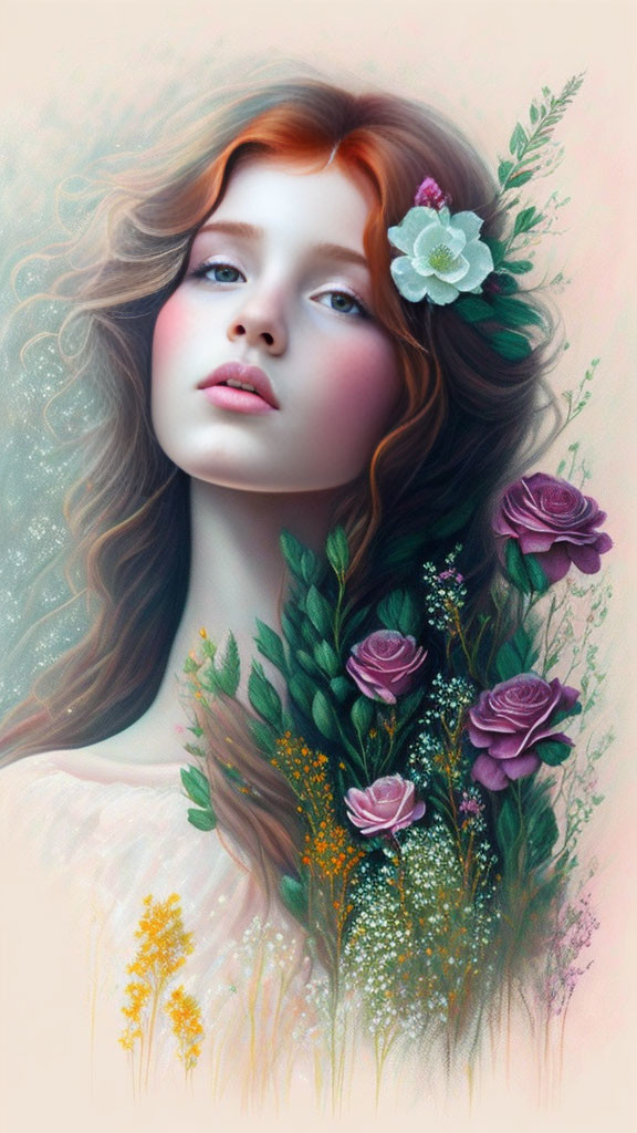 Vibrant floral digital artwork of a woman with flowing hair