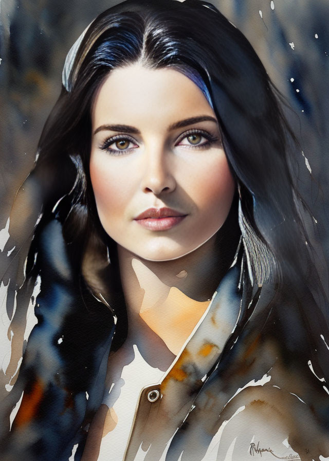 Portrait of woman with dark hair and blue eyes in photorealistic style with watercolor splashes