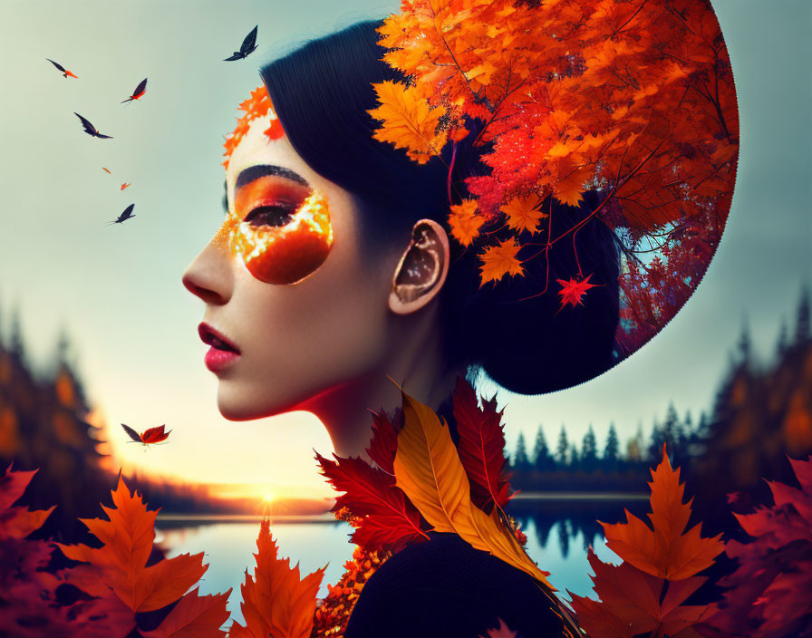 Woman with autumn-themed makeup and hat in serene lake and forest setting