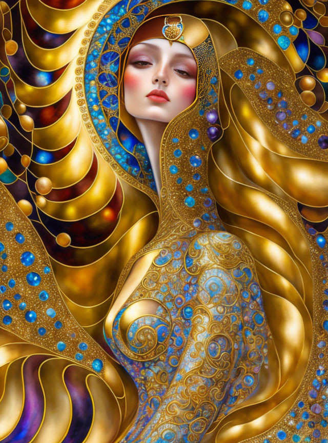 Detailed artwork of woman with golden hair and jewel-encrusted headdress