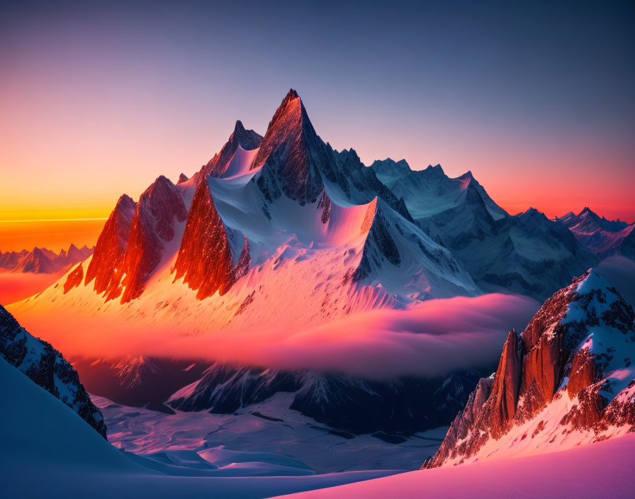 Snow-covered mountains at sunrise with orange clouds and mist in valleys