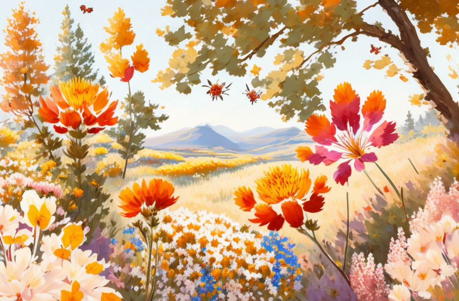 Colorful wildflower meadow with orange blooms and autumn foliage.