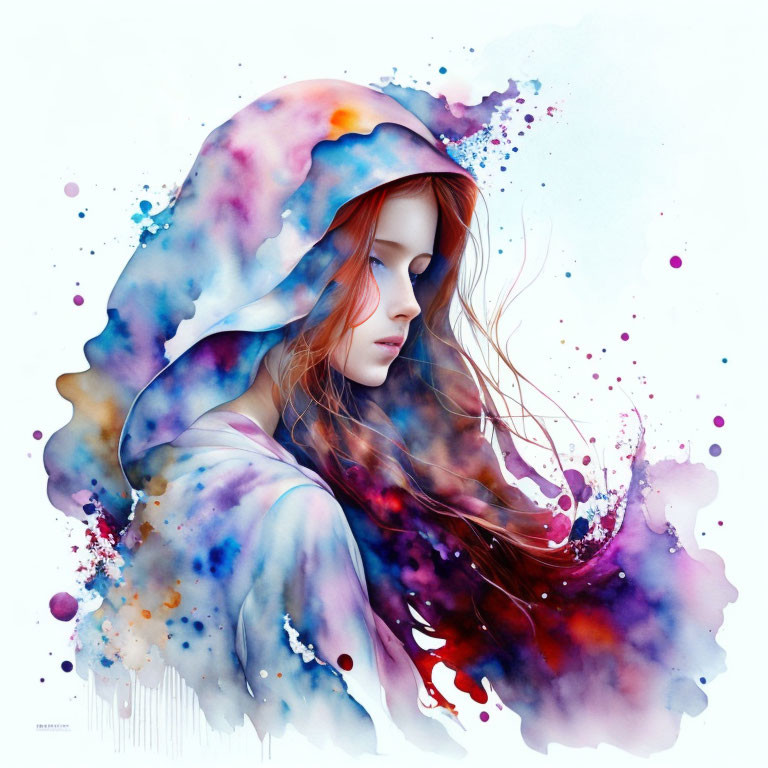 Vibrant watercolor portrait of a woman with red hair and hood in blues and purples