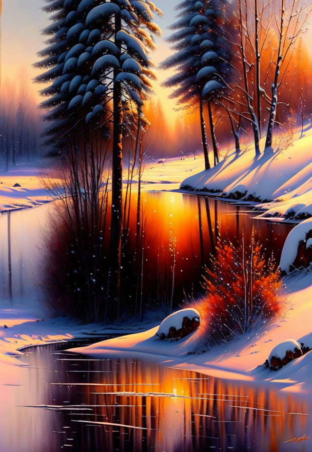 Winter Landscape Painting with Snow-Covered Trees and River at Sunset