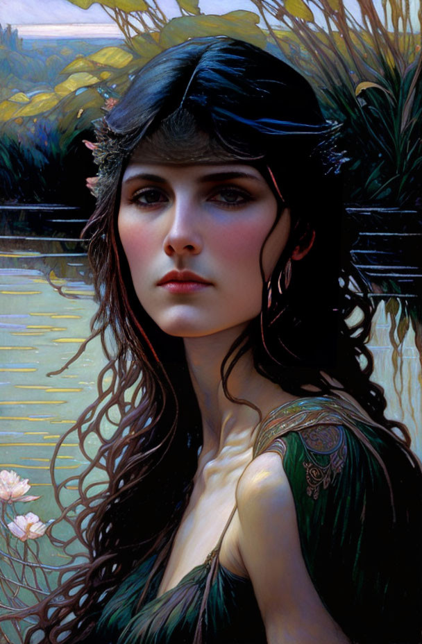 Dark-haired woman with serene expression by water and lilies.