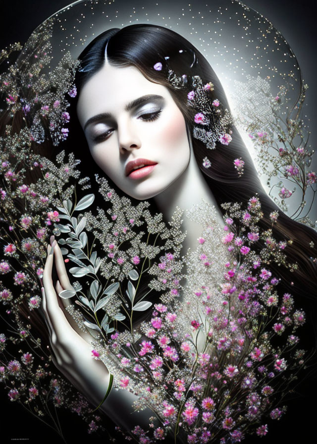 Digital Artwork: Woman with Floral Halo on Dark Background