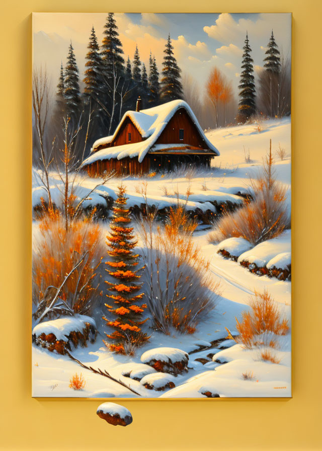 Snowy Landscape Painting: Cozy Cabin & Evergreen Trees