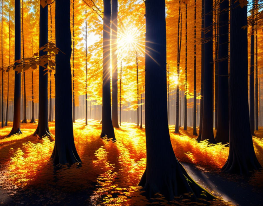 Autumn forest scene with sunburst and golden leaves