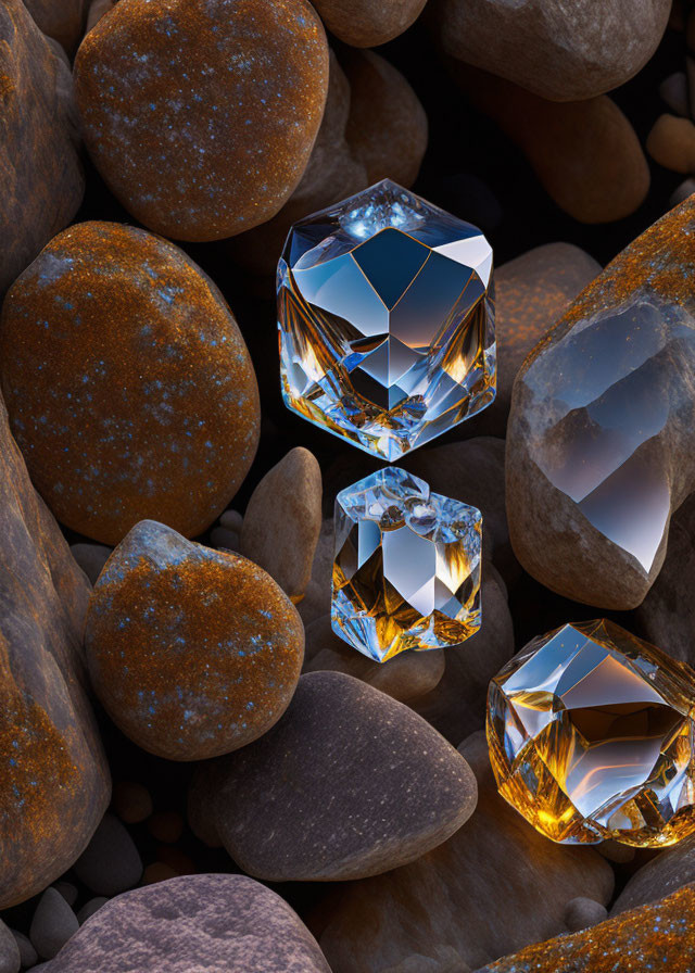 Three brilliant-cut gemstones among smooth river rocks.