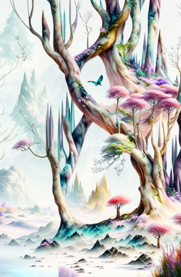 Fantastical landscape with whimsical trees, vibrant flora, bird, and misty mountains.