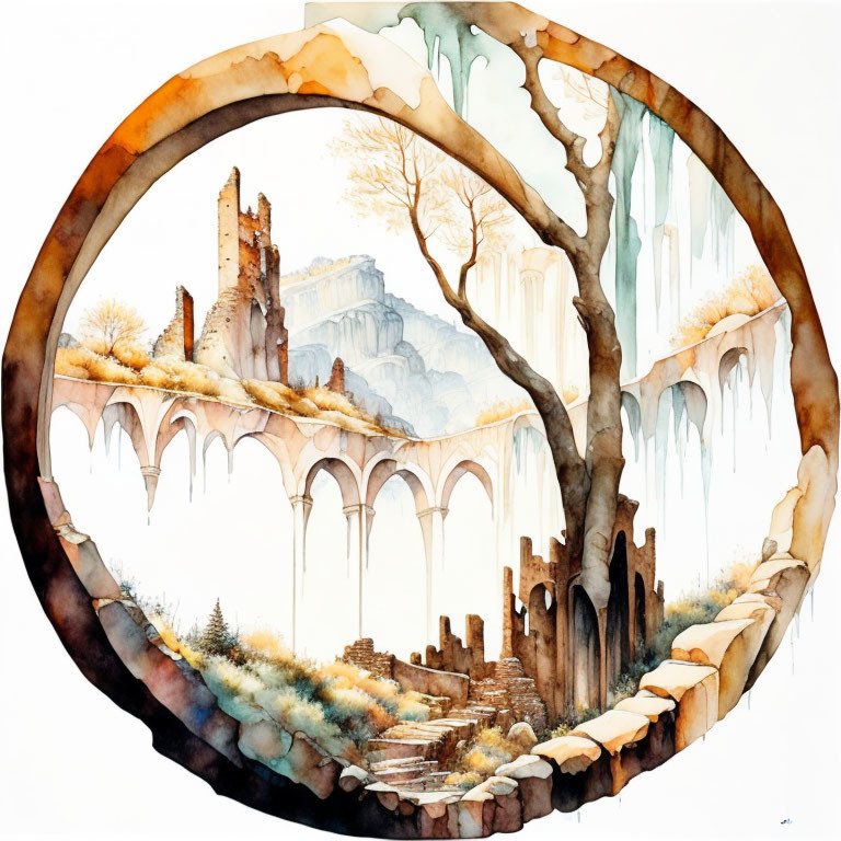 Circular Watercolor Illustration of Whimsical Landscape with Castle, Bridges, and Trees